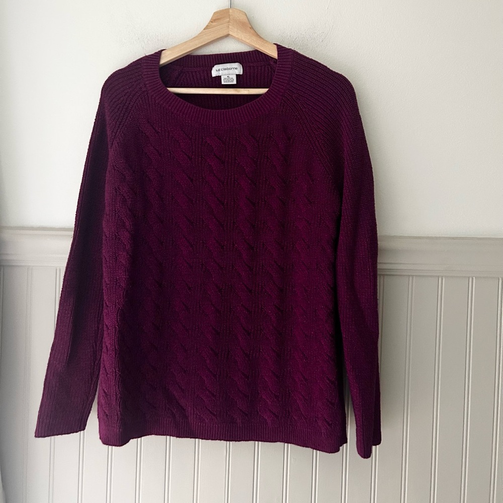Liz Claiborne XL Plum Metallic Cable Knit Sweater